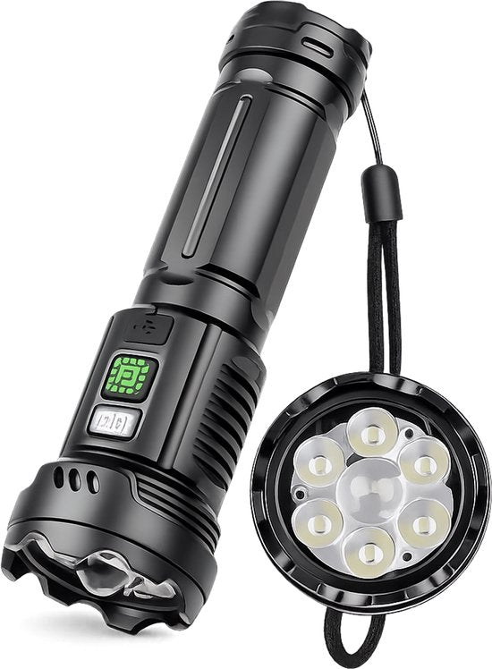 Oplaadbare LED Zaklamp met Digitaal Display - 300 Lumen - USB-C - 100 Meter Bereik - IP44 - Zwart