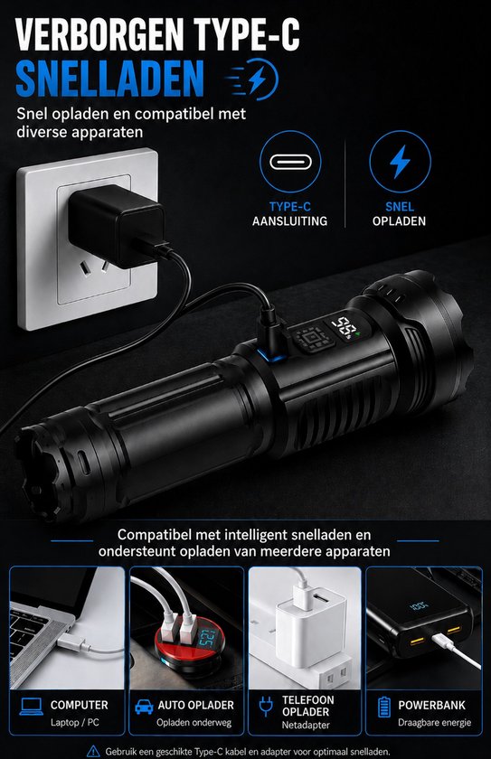 Oplaadbare LED Zaklamp met Digitaal Display - 300 Lumen - USB-C - 100 Meter Bereik - IP44 - Zwart
