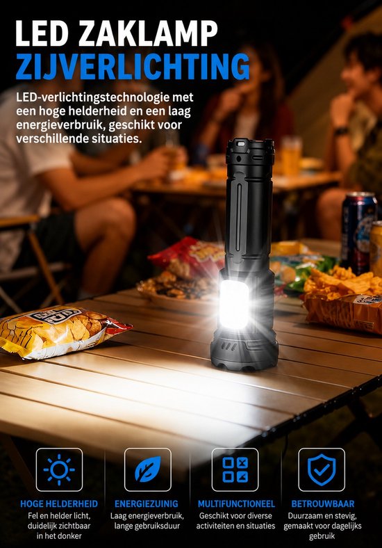 Oplaadbare LED Zaklamp met Digitaal Display - 300 Lumen - USB-C - 100 Meter Bereik - IP44 - Zwart
