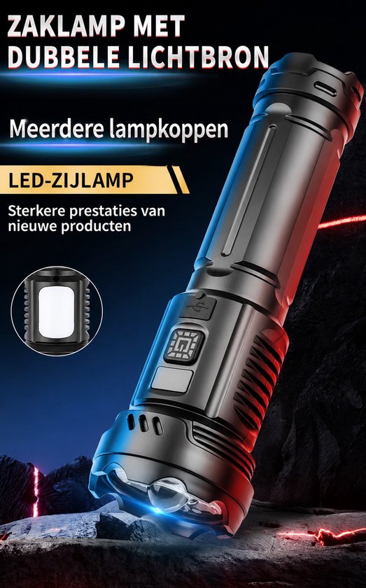 Oplaadbare LED Zaklamp met Digitaal Display - 300 Lumen - USB-C - 100 Meter Bereik - IP44 - Zwart